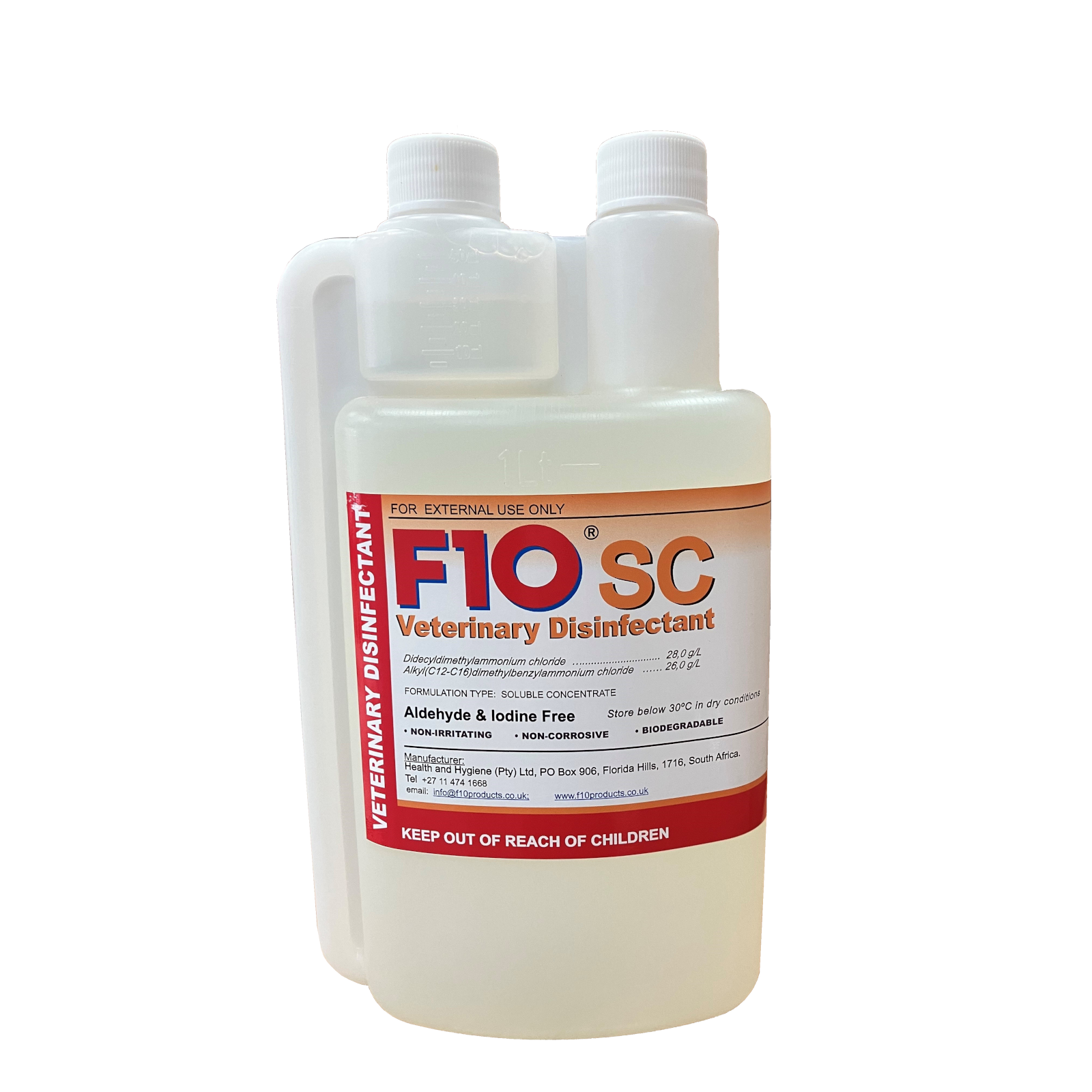 A 1 litre bottle of F10SC Veterinary Disinfectant