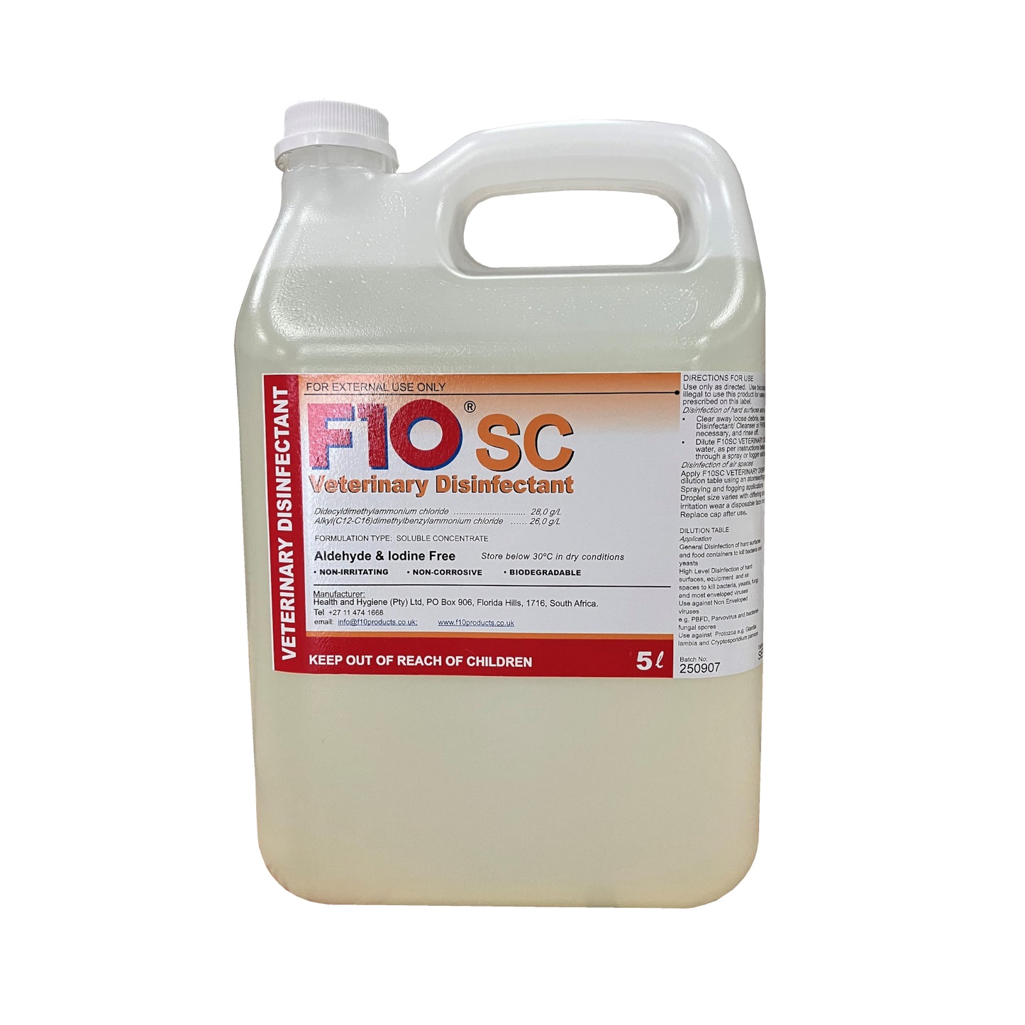 A 5 litre bottle of F10SC Veterinary Disinfectant