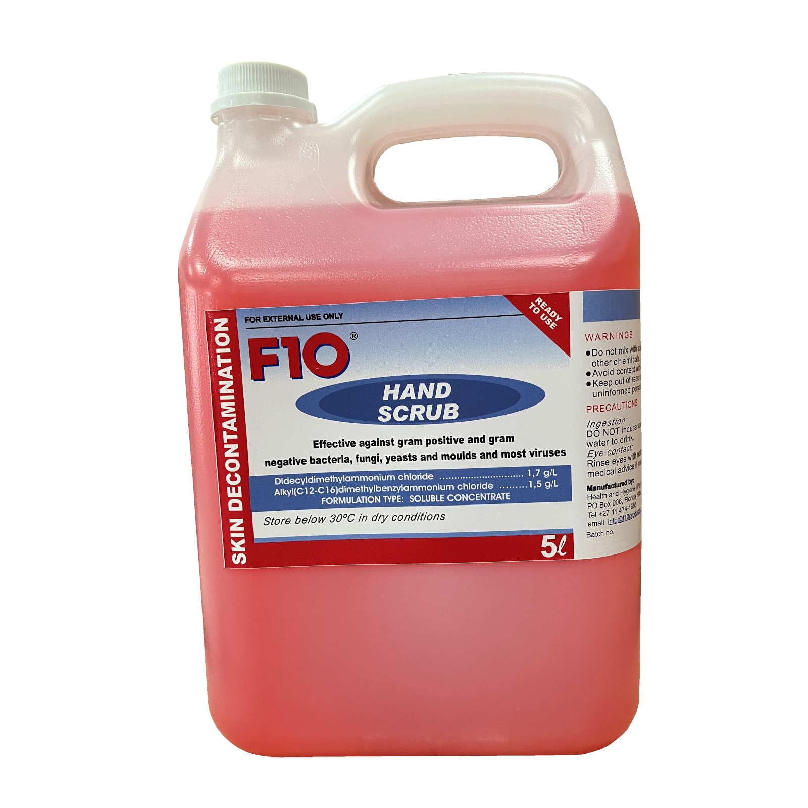 A 5L bottle of F10 Hand Scrub