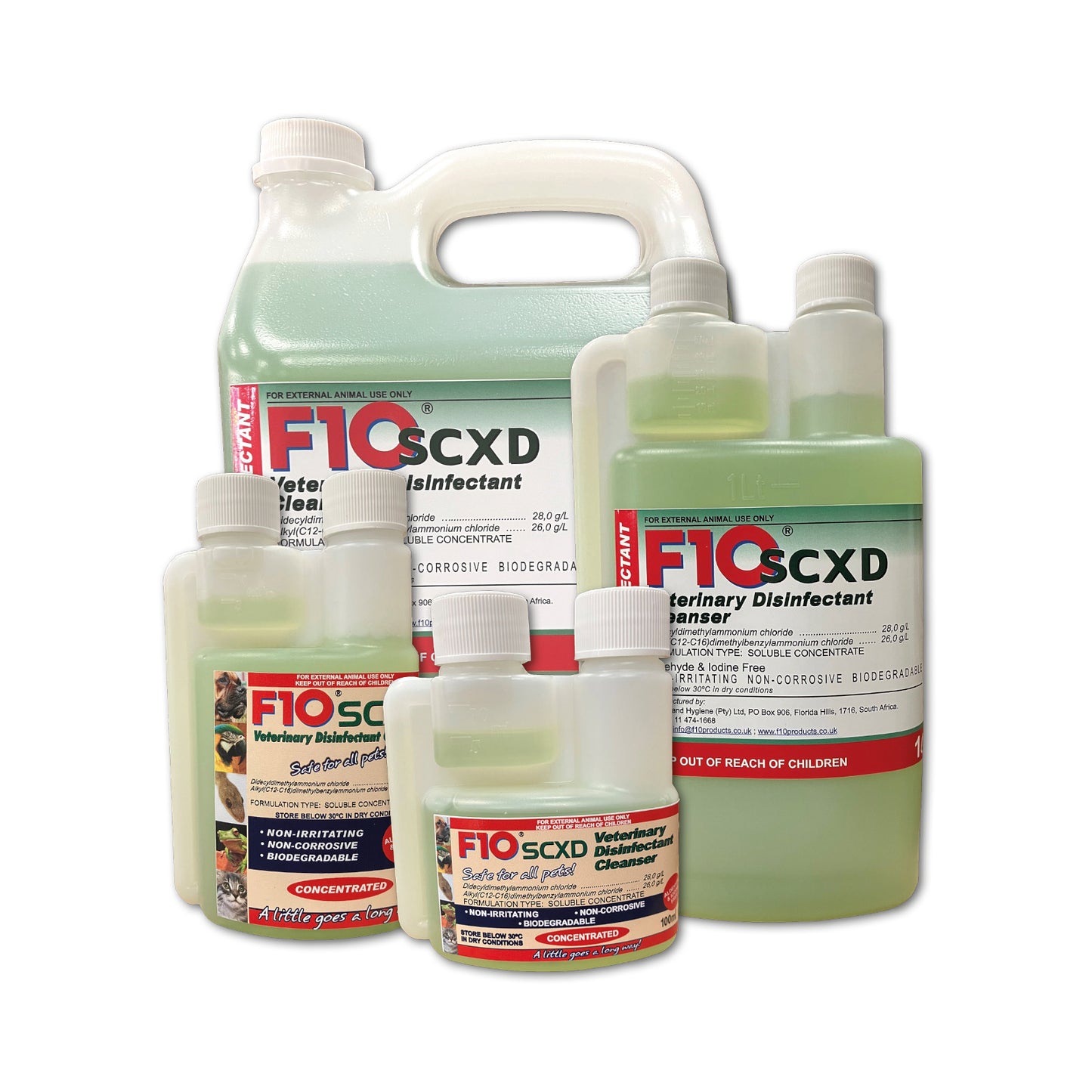 The four different sizes of F10SCXD Veterinary Disinfectant Cleanser - 100ml, 200ml, 1 litre and 5 litre bottles