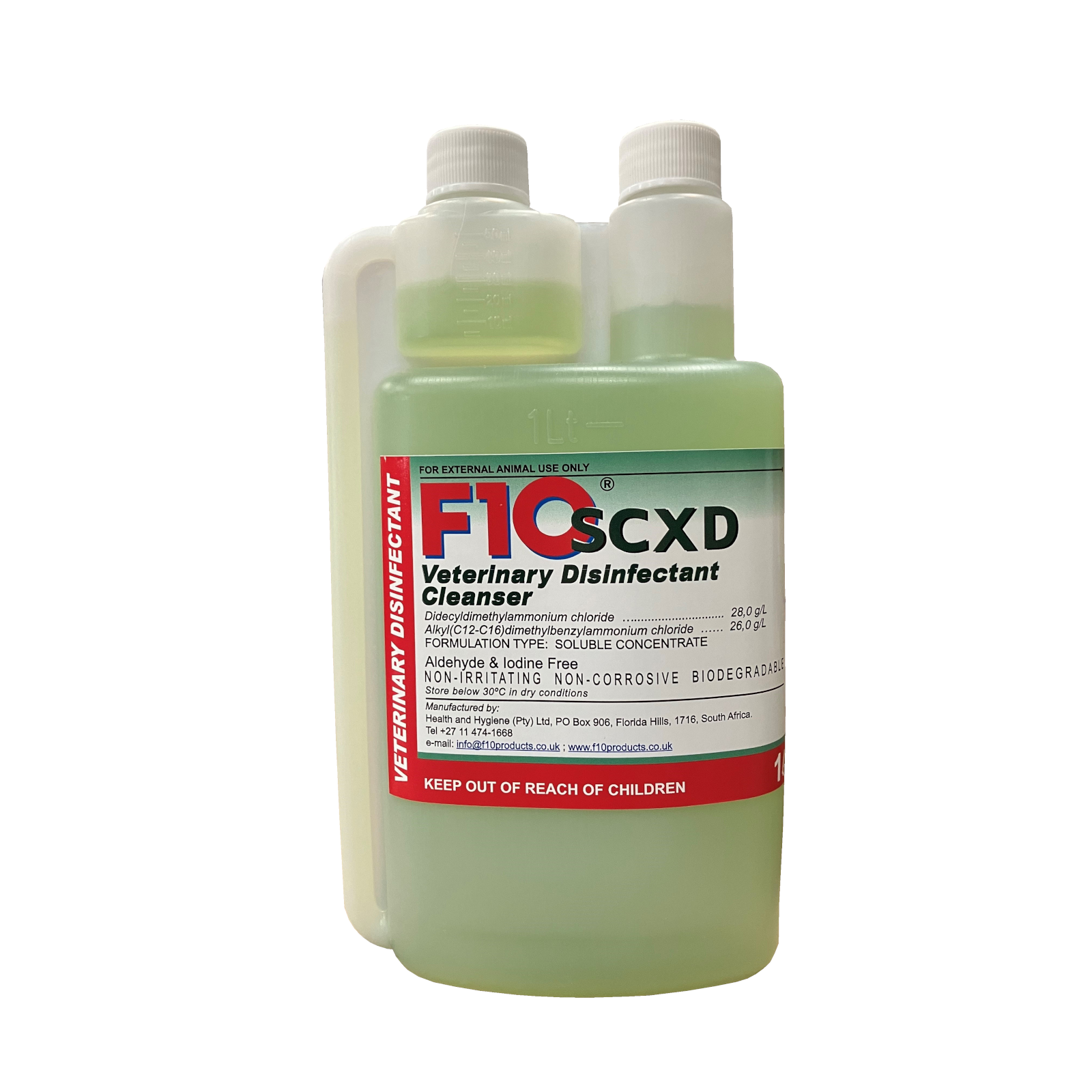 A 1 litre bottle of F10SCXD Veterinary Disinfectant Cleanser