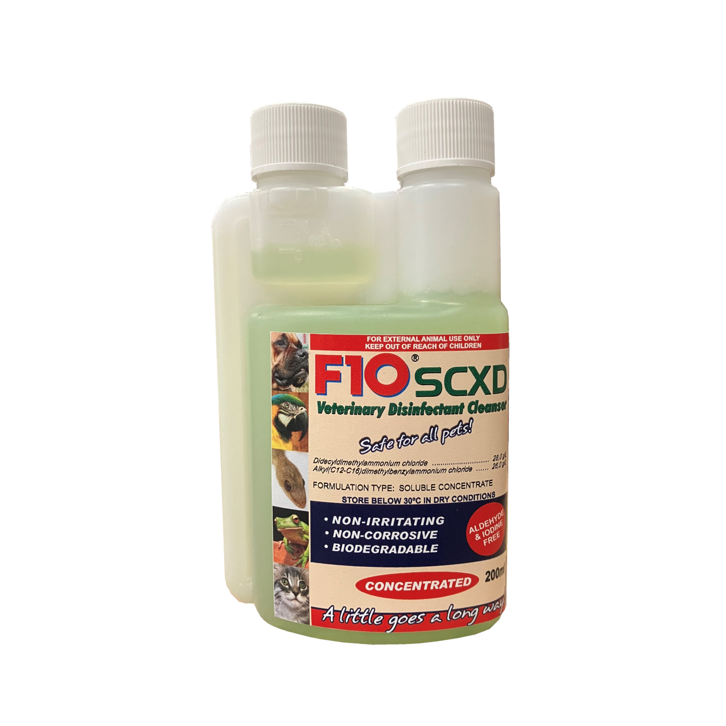 A 200ml bottle of F10SCXD Veterinary Disinfectant Cleanser