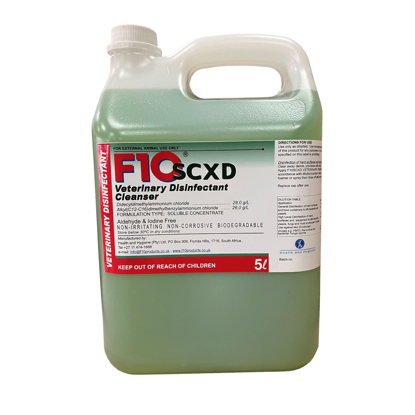 A 5 litre bottle of F10SCXD Veterinary Disinfectant Cleanser