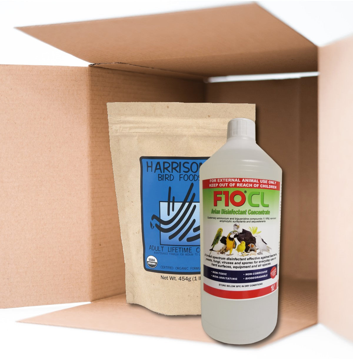 An open box containing a bag of Harrison's Adult Lifetime Coarse and a bottle of F10CL Avian Disinfectant
