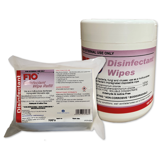 A tub of F10 Disinfectant Wipes, next to a refill pack of F10 Disinfectant Wipes